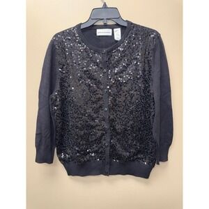 Alfred Dunner Womens Large Black Sequin Front Button Cardigan Sweater 3/4 Sleeve